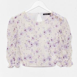 Nasty Gal Floral Pearl Button Puff Sleeve Top